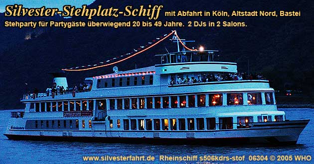 Silvesterparty auf dem Rhein bei Kln mit Abfahrt an der Bastei. Silvesterschiff mit 2 DJs in 2 Salons.